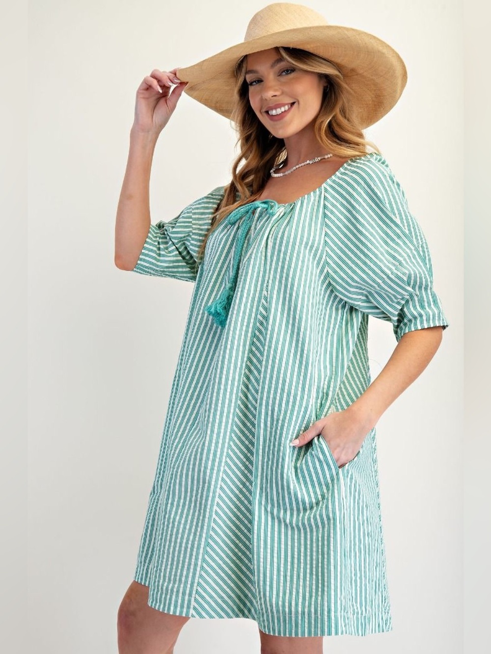 #290 New! Easel Boho Striped Mint Tie-Neck dress